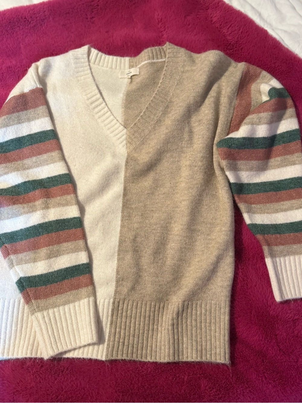 entro Cream & Beige V-Neck Sweater with Green and Rust Stripes